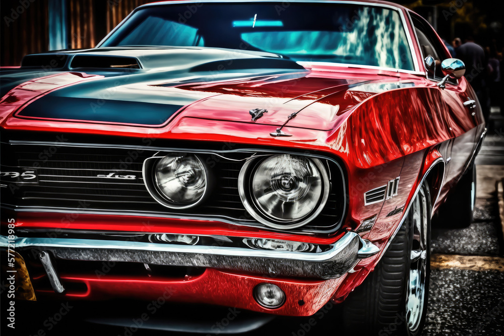 Vintage red American car close up made with generative ai