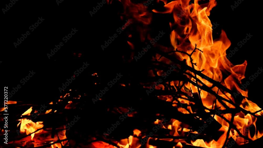 Bonfire with burning tree branches in the dark.slow motion. fiery wallpaper. flames and colorful sparks close-up. Fire and flames.Firewood burning in bonfire. 4k footage Bonfire with burning tree branches in the dark.slow motion. fiery wallpaper. flames and colorful sparks close-up. Fire and flames.Firewood burning in bonfire. 4k footage