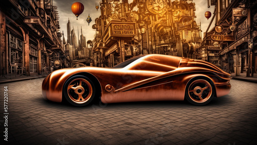 Verhicle steampunk creative concept, bronze supercar parking in ancient steampunk city, blank image for text. AI generation.