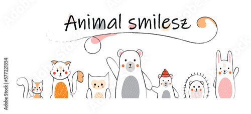 Animals smiles banner. Collection of characters affably waving hand. Squirrel, cat, owl, bear, hedgehog and hare, forest dwellers. Cartoon flat vector illustrations isolated on white background photo