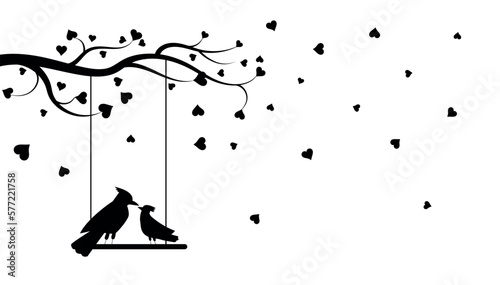Birds in love concept. Silhouettes of animals with feathers and wings on swing on tree with hearts. Design element for greeting postcard. Romance and passion. Cartoon flat vector illustration
