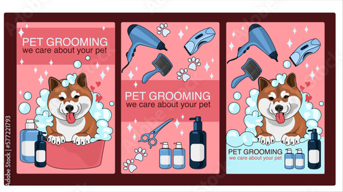 Pet care concept illustration. Grooming in the salon, mobile pet shop. Pet grooming service, clean and fluffy, bath, nail trims, haircuts. Banner for the site, leaflet, business card, advertising.