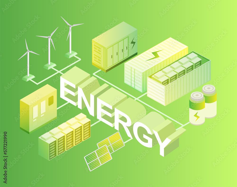 Large rechargeable lithium-ion battery energy storage station and renewable electric power station with solar panels and wind turbines. Backup power energy storage system.