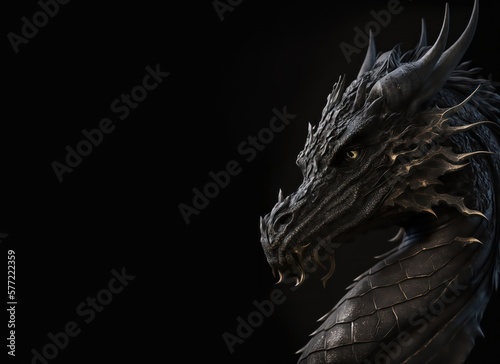 Gothic dark illustration of a black dragon with copy space. Generative AI art. © Hanna
