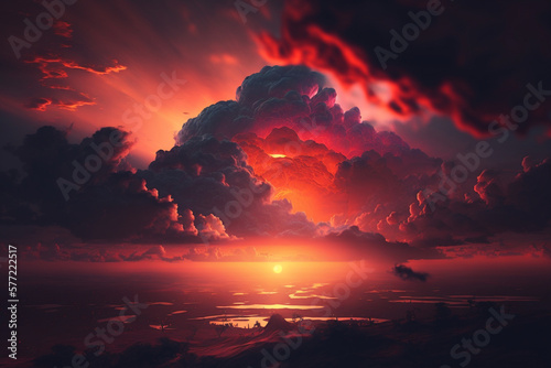Dark red yellow orange sky with clouds. Gloomy dramatic skies. Background with space for design. Storm. Lightning fire. Bright flash. Explosion in the sky. Horror, scary, creepy concept Generative AI © Yan