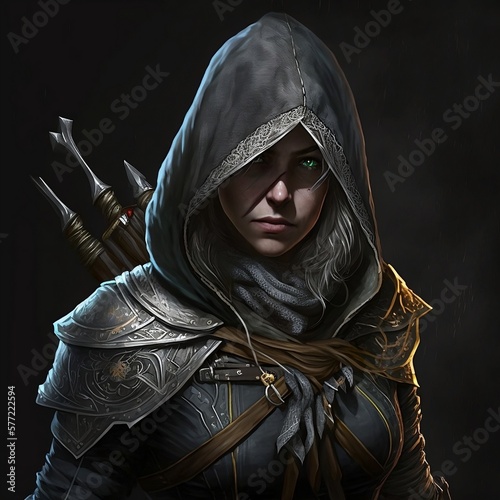 A Fictional Picture of a Female Rogue Assassin Character Wearing a Hood Armor and Weapons Generative AI photo