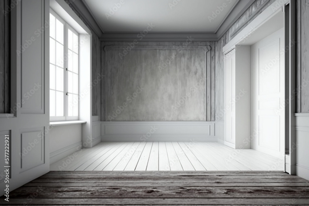 Empty a white interior of vintage room - gray grunge concrete wall and old wood floor. Realistic 3d as perfect background for your concept or project Generative AI