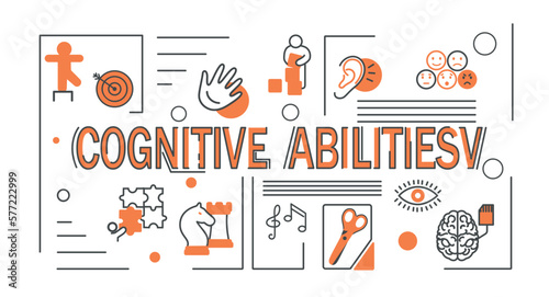 Cognitive abilities banner. Collection of icons for website. Puzzles, creativity, planning and goal setting. Selfdevelopment and career. Cartoon flat vector illustrations isolated on white background