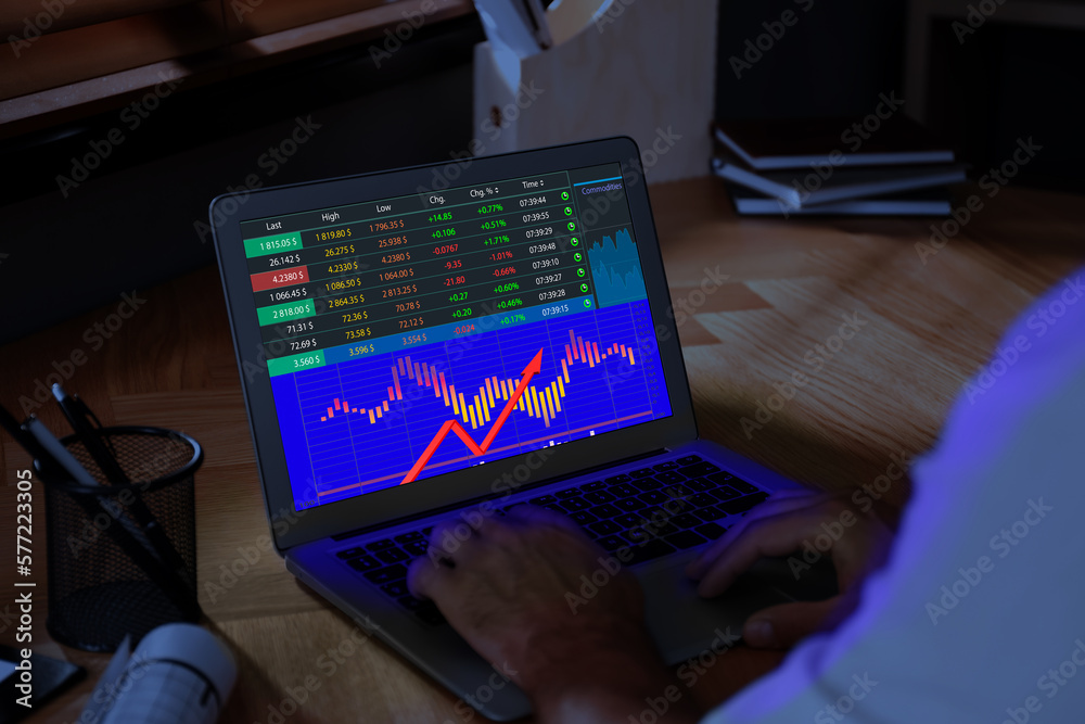 Man analyzing situation on stock exchange market via laptop, closeup. Data and graph on screen Man analyzing situation on stock exchange market via laptop, closeup. Data and graph on screen