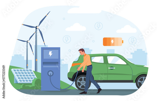Electric car charge. Man with modern vehicle against backdrop of windmills. Alternative energy source and reduction of hazardous waste emissions into atmosphere. Cartoon flat vector illustration