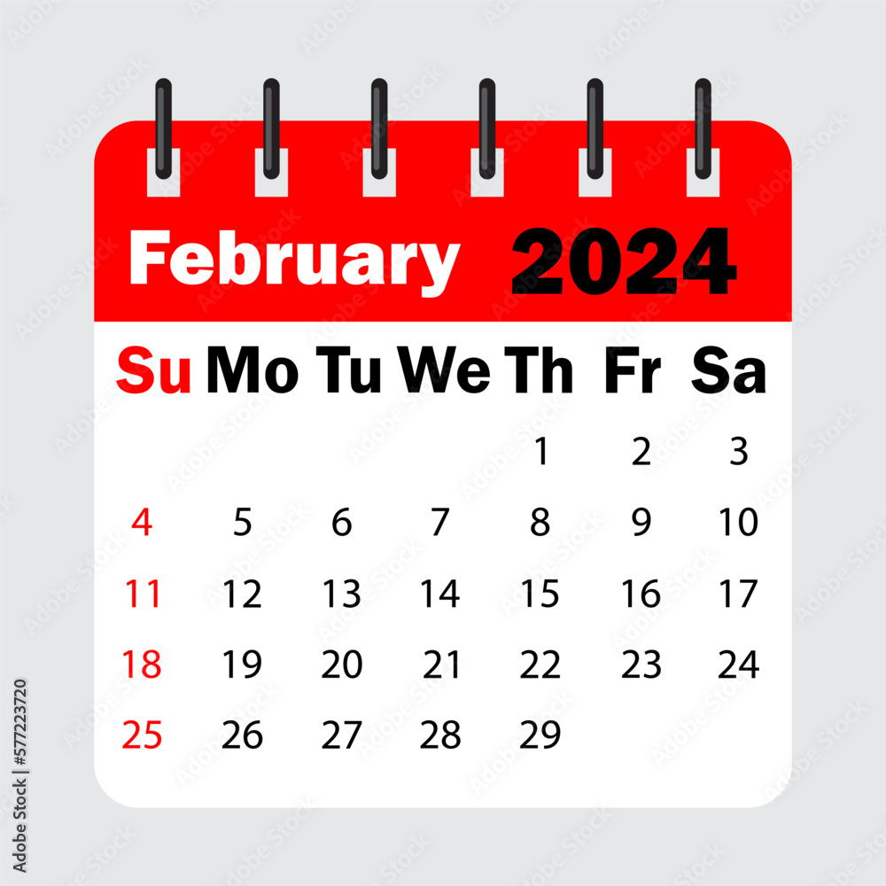 red calendar leaf spring. February 2024 calendar. Calendar sheet with