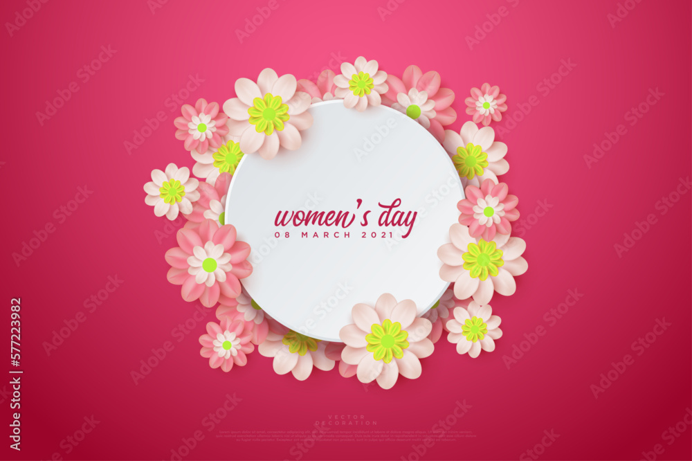 women's day circle background with scattered flowers. Premium vector background for poster, banner and social media greeting.