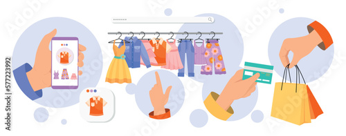 How many cost set. Stages of shopping, payment for goods and services. Boutique and clothes on hangers, product selection and purchase. Cartoon flat vector illustrations isolated on white background