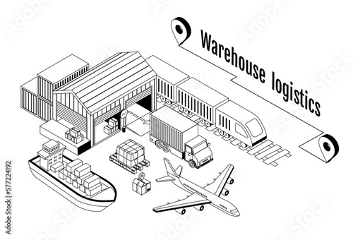 Global logistics isometric line. Ship, truck and plane, train near warehouse. Export and import of goods, cargo and package. Business and trading, globalization. Cartoon 3D vector illustration