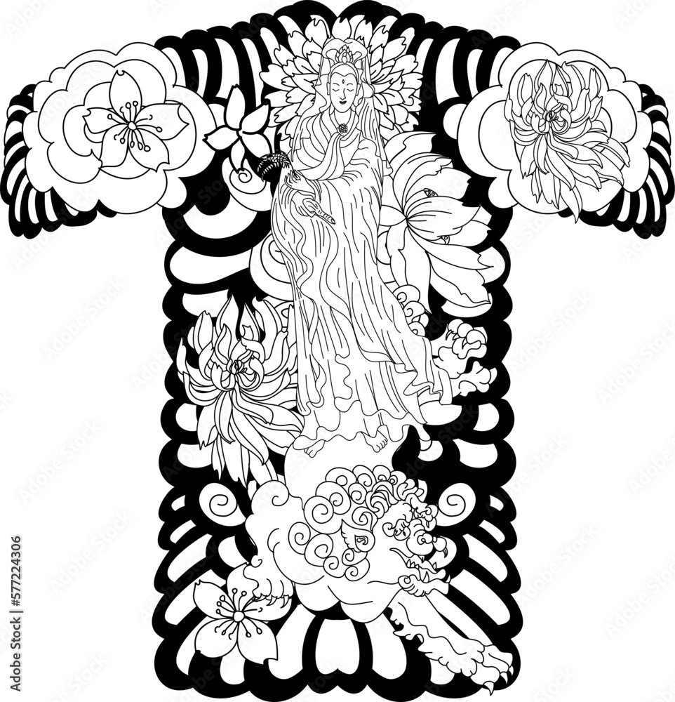 Fototapeta premium Guan Yin women god of Buddhism with cherry blossom design for traditional tattoo.Chinese god with chrysanthemum flower and marigold flower tattoo design.