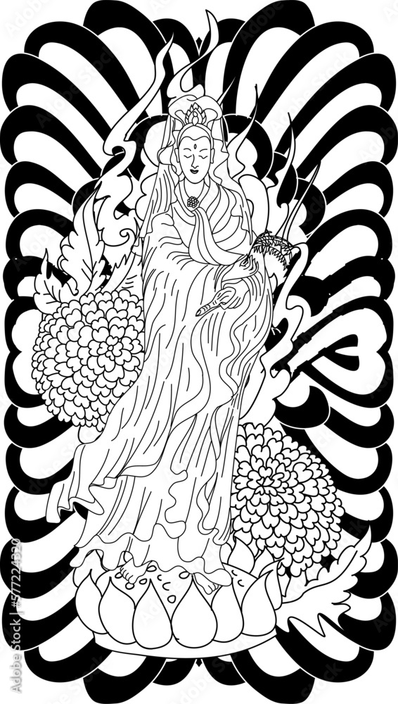 Guan Yin women god of Buddhism with cherry blossom design for