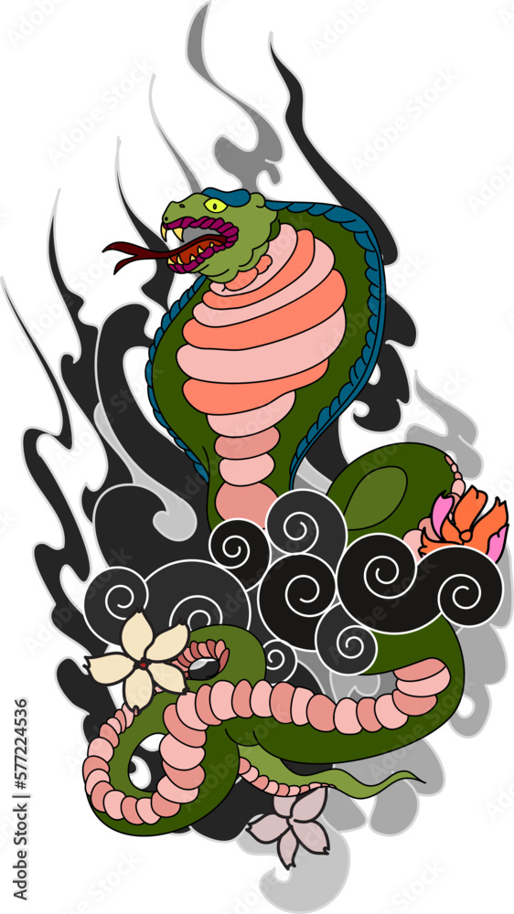 Fototapeta premium black and white Japanese snake cobra with chrysanthemum flower design.doodle and coloring book snake with cloud isolate on white background for tattoo style.Traditional Japanese culture for printing