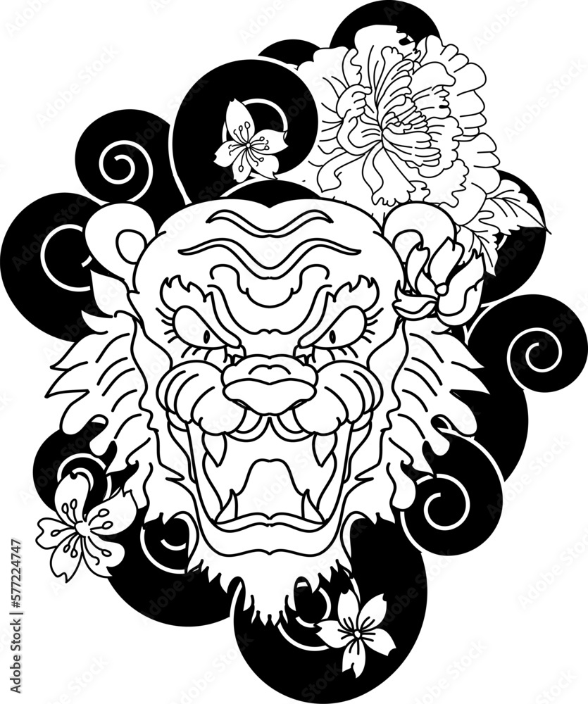 Fototapeta premium outline tiger face tattoo with chrysanthemum flower and cherry blossom.Tiger tattoo Japanese style.Traditional Japanese culture for printing and coloring book on background.