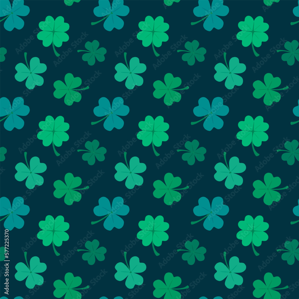 Seamless floral pattern. Clover green leaves isolated on dark background. Symbol of St. Patrick's Day. Vector Illustration in flat style. Design for fabric, wrapping paper, background, wallpaper. Seamless floral pattern. Clover green leaves isolated on dark background. Symbol of St. Patrick's Day. Vector Illustration in flat style. Design for fabric, wrapping paper, background, wallpaper.