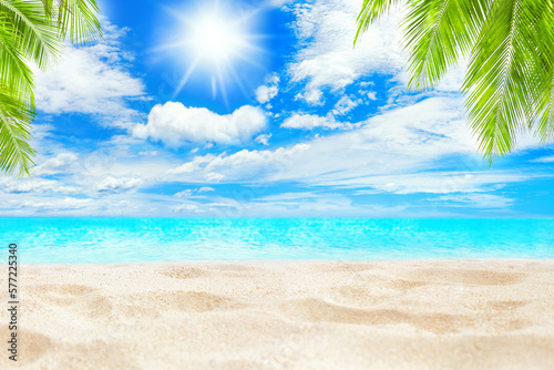 Fototapeta Naklejka Na Ścianę i Meble -  Tropical island sea beach background, turquoise ocean wave, sand, sun blue sky white cloud, green coconut palm tree leaf, paradise nature landscape, summer holidays, vacation, travel, empty copy space