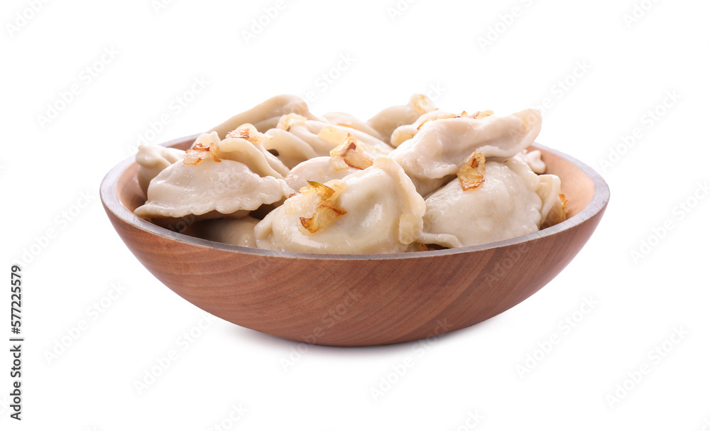 Delicious dumplings (varenyky) with potatoes and onion on white background