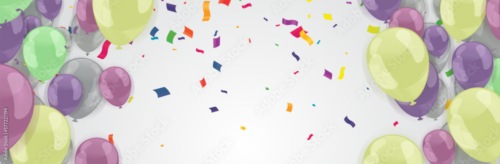 Holiday background with balloons, flags, streamer. Multicolored bright buntings garlands with confetti and air balls isolated on background