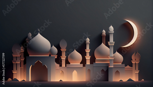ramadan kareem background with mosque and lanterns. 3d illustration