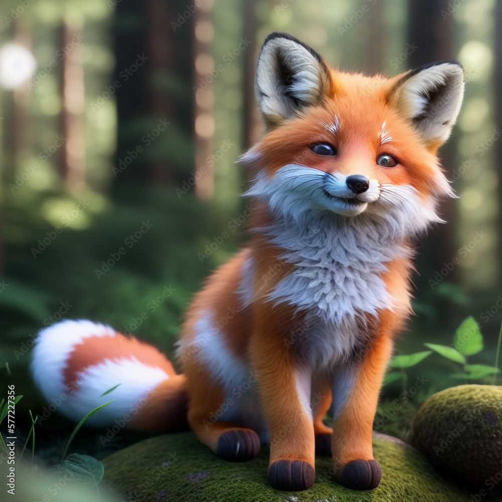 Obraz premium Cute and adorable baby fox in forest. Generative AI