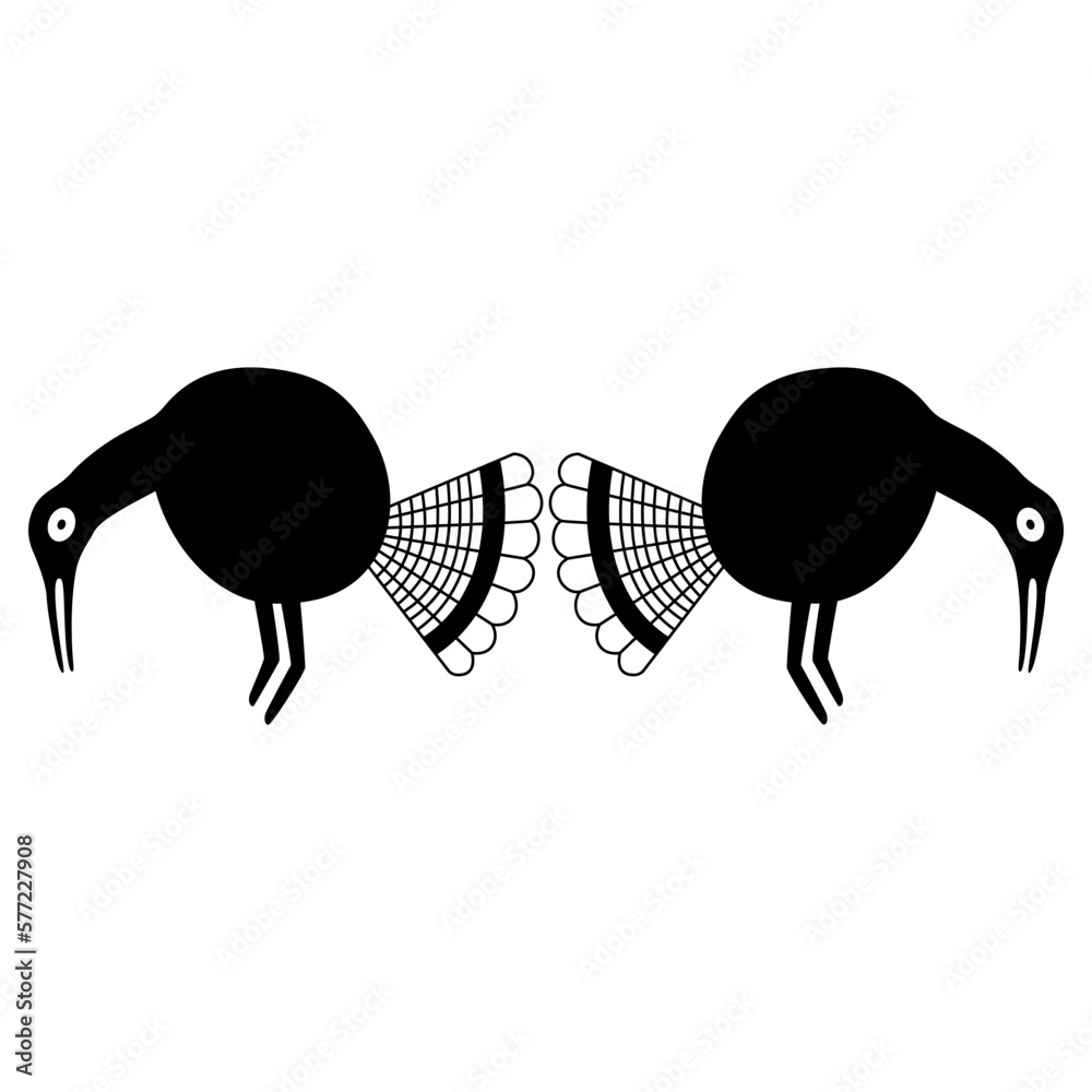 Symmetrical design with two stylized funny birds. Native American art