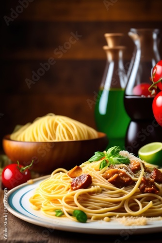 Italian food composition spaghetti with meat tomato basil and bottles of wine and vineger on dark