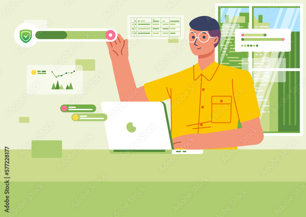 Businessman with laptop in office setting business and security strategy with floating graphic and chart screen