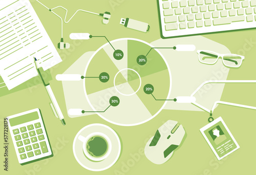 Workbench Top Angle View Tablet Laptop With Paper Documents Financial Report pie chart and graph Flat Graphics Vector Illustration