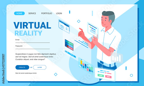 Isometric flat style businessman and entrepreneur set strategy with digital floating graphic and chart web landing page GUI UI