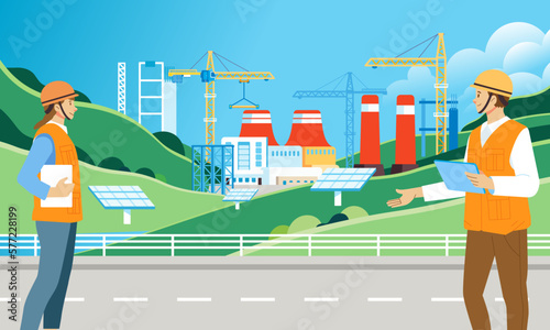 Worker construction factory solar panel site check by field supervisor and manager vector illustration