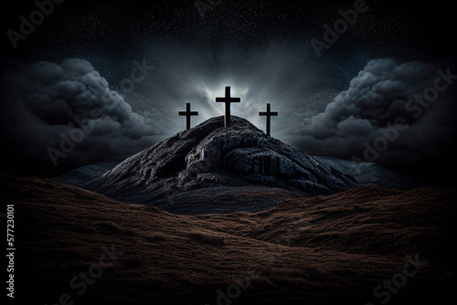 Photographie three crosses on Golgotha near Jerusalem, the death of Jesus, the crucifixion of