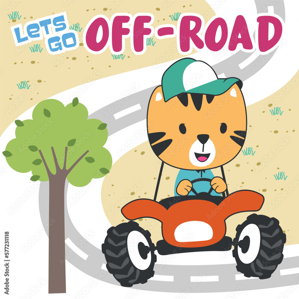 Vector illustration of cute little tiger on a off road car go to forest, Can be used for t-shirt print, kids wear, invitation card. fabric, textile, nursery wallpaper, poster and other decoration. Vector illustration of cute little tiger on a off road car go to forest, Can be used for t-shirt print, kids wear, invitation card. fabric, textile, nursery wallpaper, poster and other decoration.