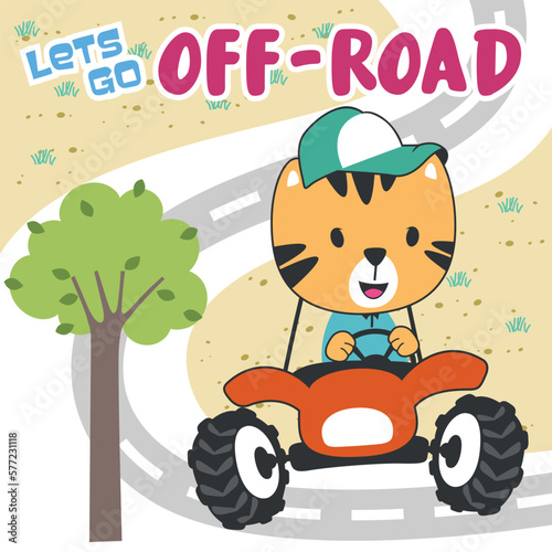 Vector illustration of cute little tiger on a off road car go to forest  Can be used for t-shirt print  kids wear  invitation card. fabric  textile  nursery wallpaper  poster and other decoration.