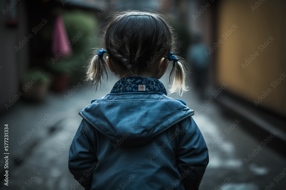 rear view of a child in street, standing, looking, contemplating, generative ai rear view of a child in street, standing, looking, contemplating, generative ai