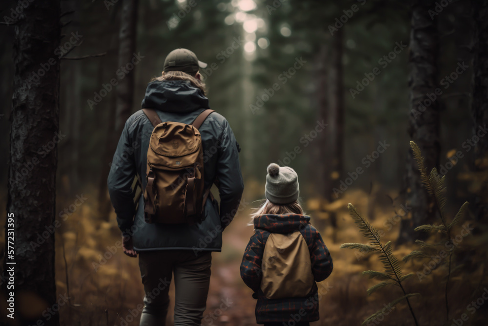 Rear view of a child and parent in a forest looking, contemplating, hiking, enjoying nature, generative ai