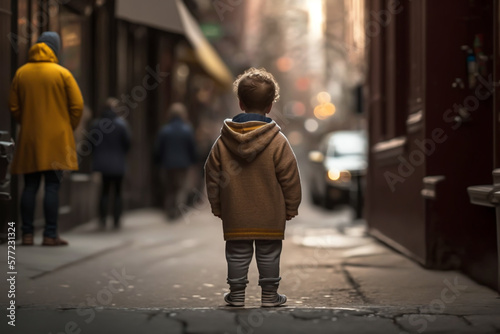 rear view of a child in street, standing, looking, contemplating, generative ai, standing, looking, contemplating, generative ai © VicenSanh