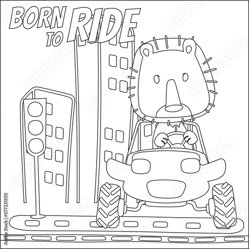 Cute lion cartoon having fun driving off road car on sunny day. Cartoon isolated vector illustration, Creative vector Childish design for kids activity colouring book or page.