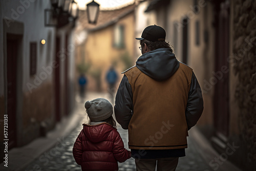 Rear view of a child and parent in a street, looking, contemplating, generative ai