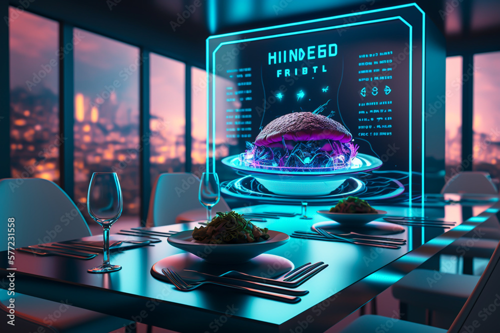 automation futuristic restaurant with smart screen or hologram, future