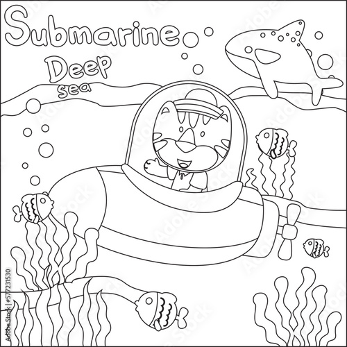 Vector illustration of little tiger driving submarine with cartoon style, Childish design for kids activity colouring book or page.