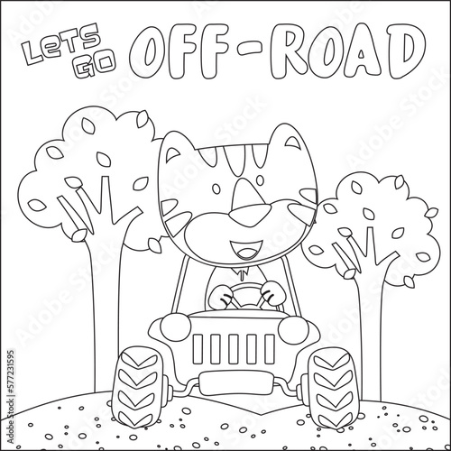 Cute tiger cartoon having fun driving off road car on sunny day. Cartoon isolated vector illustration, Creative vector Childish design for kids activity colouring book or page.