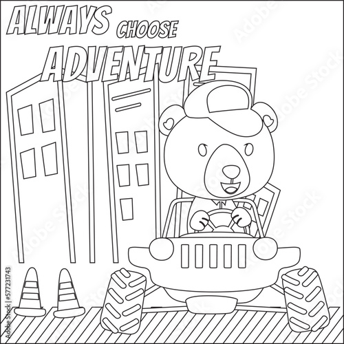 Cute bear cartoon having fun driving off road car on sunny day. Cartoon isolated vector illustration, Creative vector Childish design for kids activity colouring book or page.