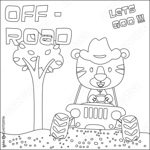 Cute tiger cartoon having fun driving off road car on sunny day. Cartoon isolated vector illustration, Creative vector Childish design for kids activity colouring book or page.