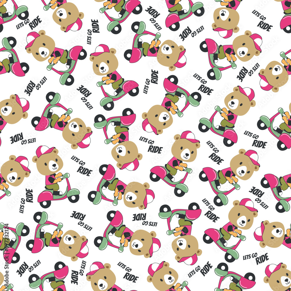 Obraz premium Cartoon seamless pattern of cute bear riding Scooter . Can be used for t-shirt printing, children wear fashion designs and other decoration.