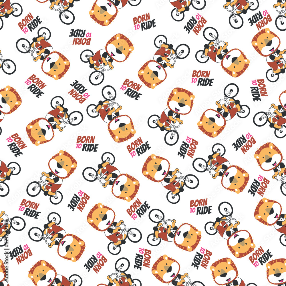 Fototapeta premium Colorful seamless pattern with cute cartoon lion riding bicycle . Endless texture for fabric, baby clothes, background, textile, wallpaper and other decoration.