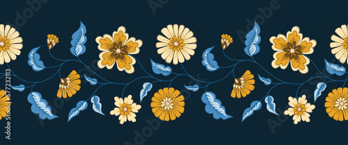 Indian Trailing Flowers Vector Seamless Hotrizontal Pattern Border. Cottagecore Chintz Floral Background. Delicate Summer Boho Print